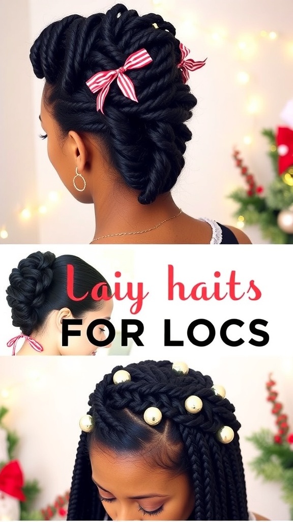 A collection of Christmas hairstyles for locs including an updo, half-up style, and braided crown with festive decorations.